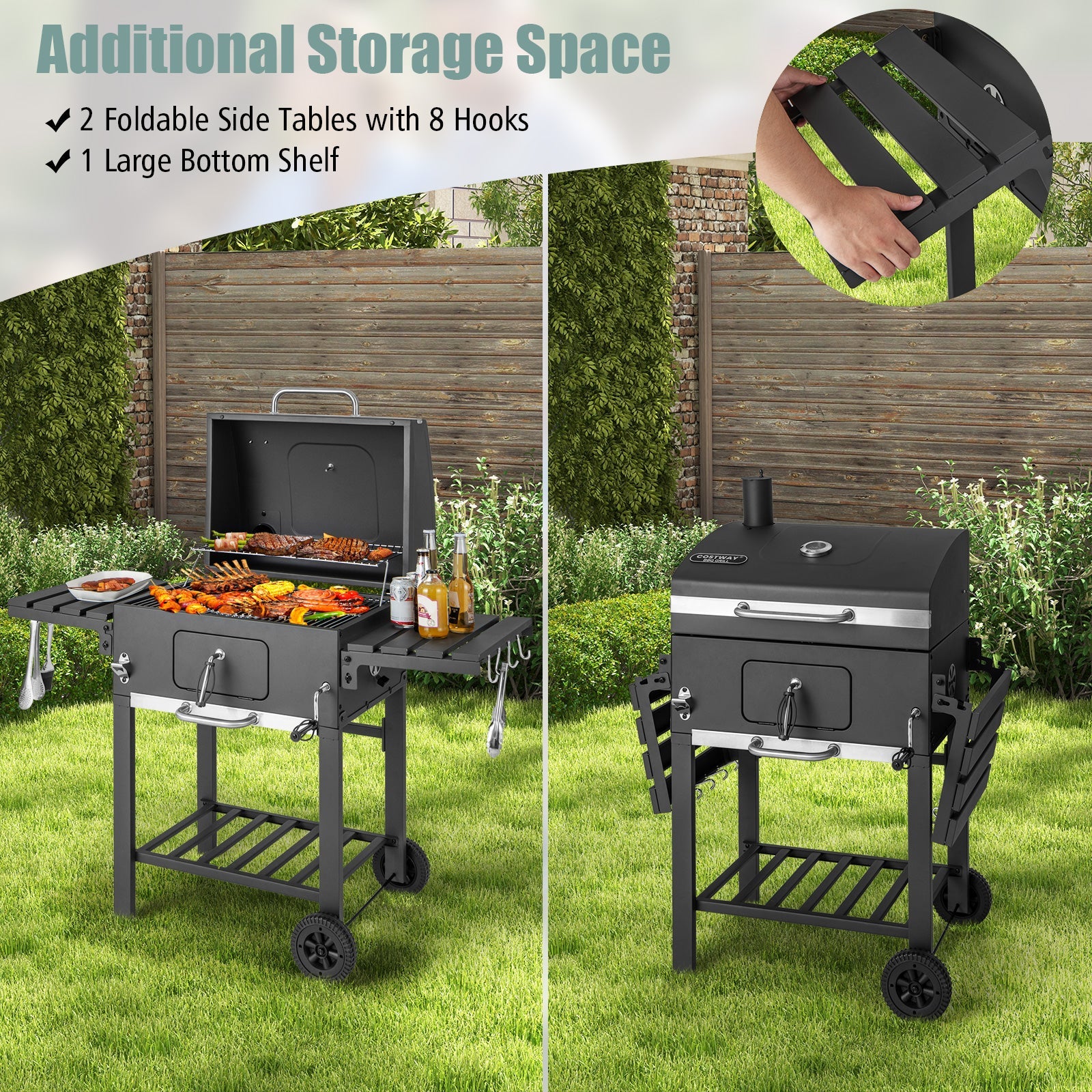 Outdoor BBQ Charcoal Grill with 2 Foldable Side Table and Wheels - Tampa Home & Garden Store