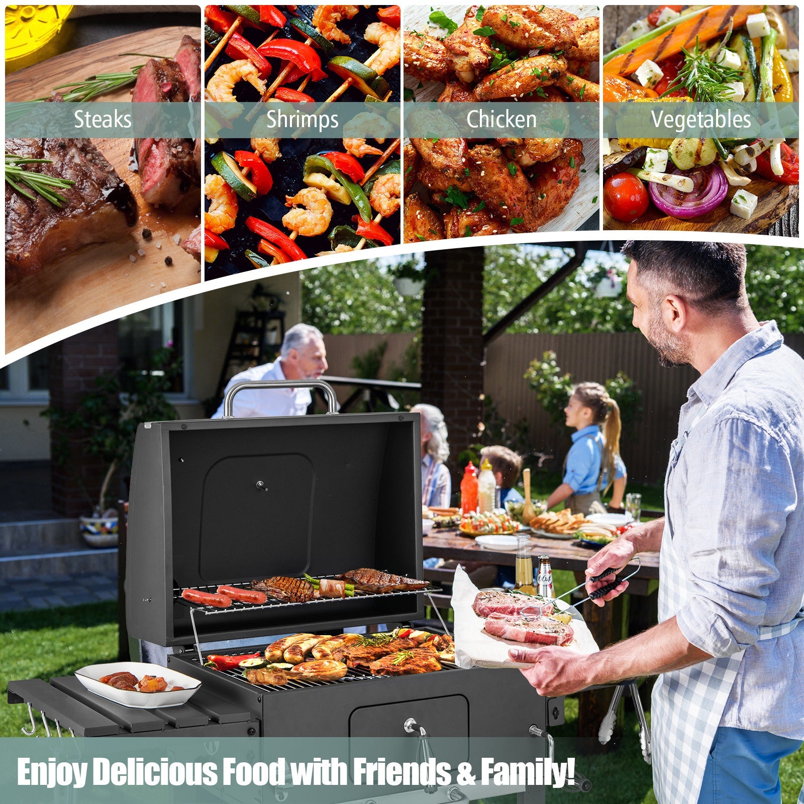 Outdoor BBQ Charcoal Grill with 2 Foldable Side Table and Wheels - Tampa Home & Garden Store