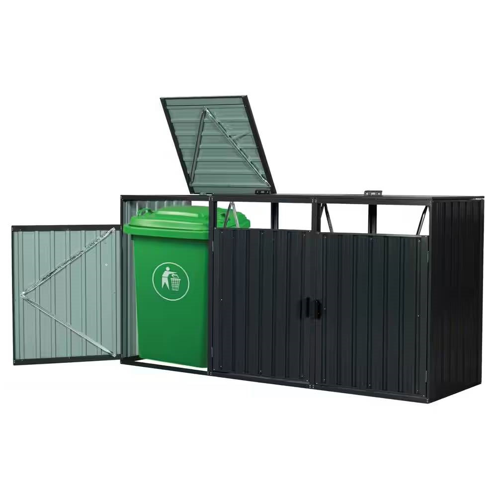 Outdoor Black Galvanized Steel Garbage Bin Storage Shed - Holds 3 Trash Cans - Tampa Home & Garden Store