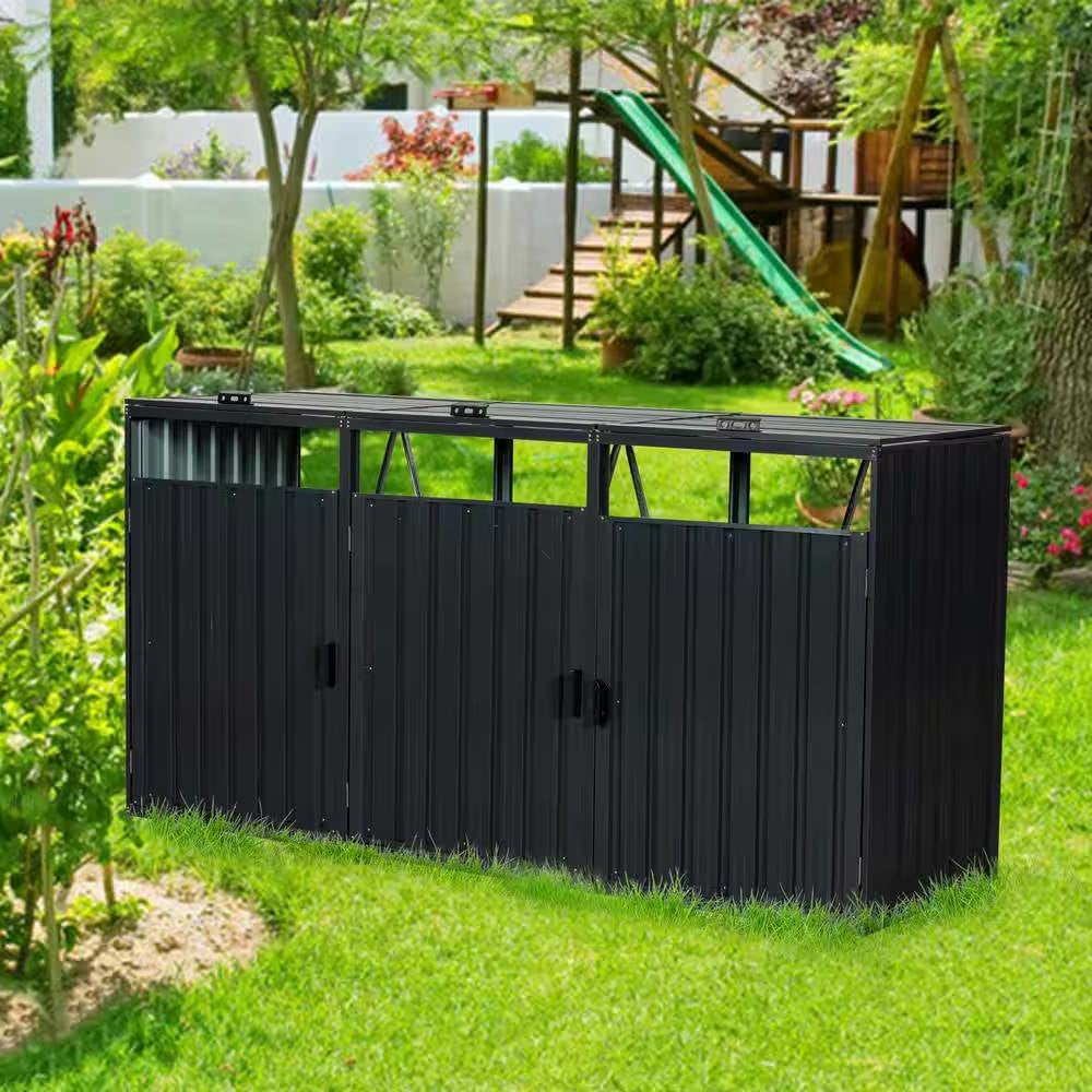 Outdoor Black Galvanized Steel Garbage Bin Storage Shed - Holds 3 Trash Cans - Tampa Home & Garden Store
