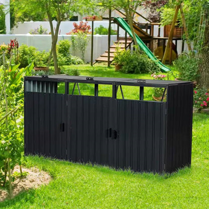 Outdoor Black Galvanized Steel Garbage Bin Storage Shed - Holds 3 Trash Cans - Tampa Home & Garden Store