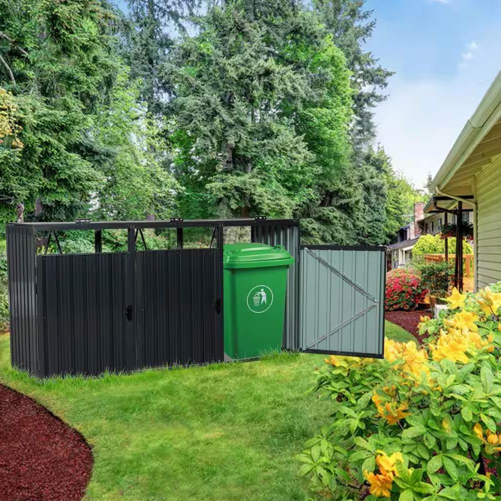 Outdoor Black Galvanized Steel Garbage Bin Storage Shed - Holds 3 Trash Cans - Tampa Home & Garden Store