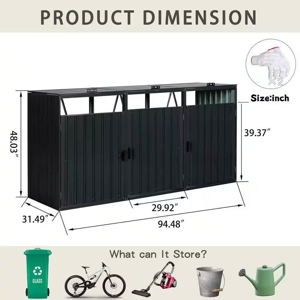 Outdoor Black Galvanized Steel Garbage Bin Storage Shed - Holds 3 Trash Cans - Tampa Home & Garden Store
