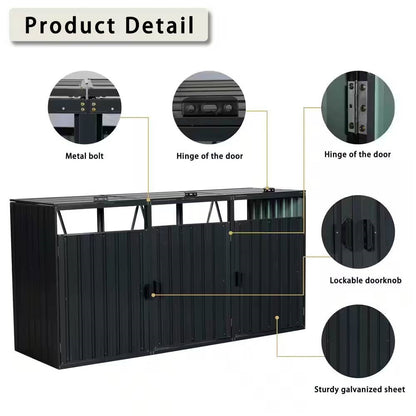 Outdoor Black Galvanized Steel Garbage Bin Storage Shed - Holds 3 Trash Cans - Tampa Home & Garden Store