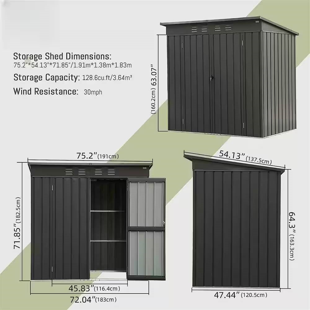 Outdoor Black Galvanized Steel Metal Storage Shed - 6ft. x 4 ft. - Tampa Home & Garden Store