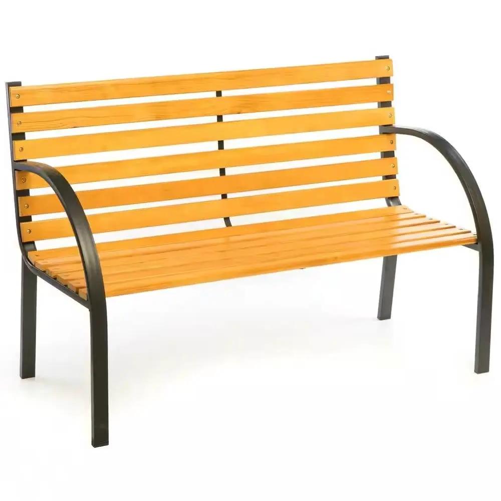 Outdoor Black Metal Frame Garden Bench with Wood Slats and Curved Armrests - Tampa Home & Garden Store
