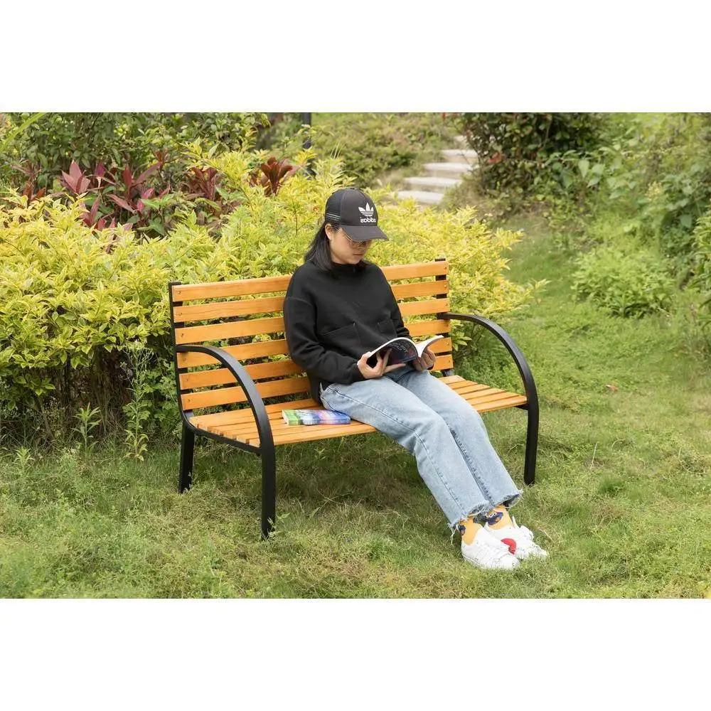 Outdoor Black Metal Frame Garden Bench with Wood Slats and Curved Armrests - Tampa Home & Garden Store