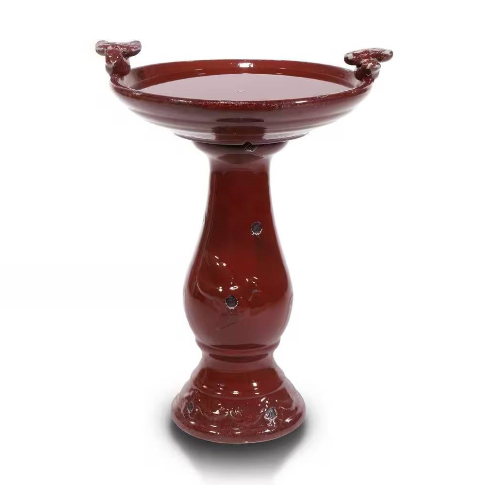 Outdoor Dark Red Ceramic Birdbath in Antique Finish - Tampa Home & Garden Store