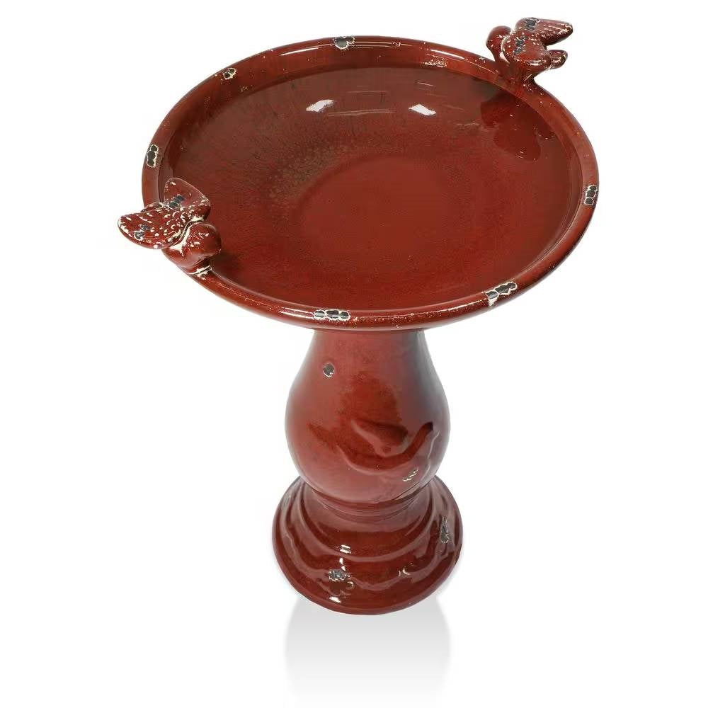 Outdoor Dark Red Ceramic Birdbath in Antique Finish - Tampa Home & Garden Store