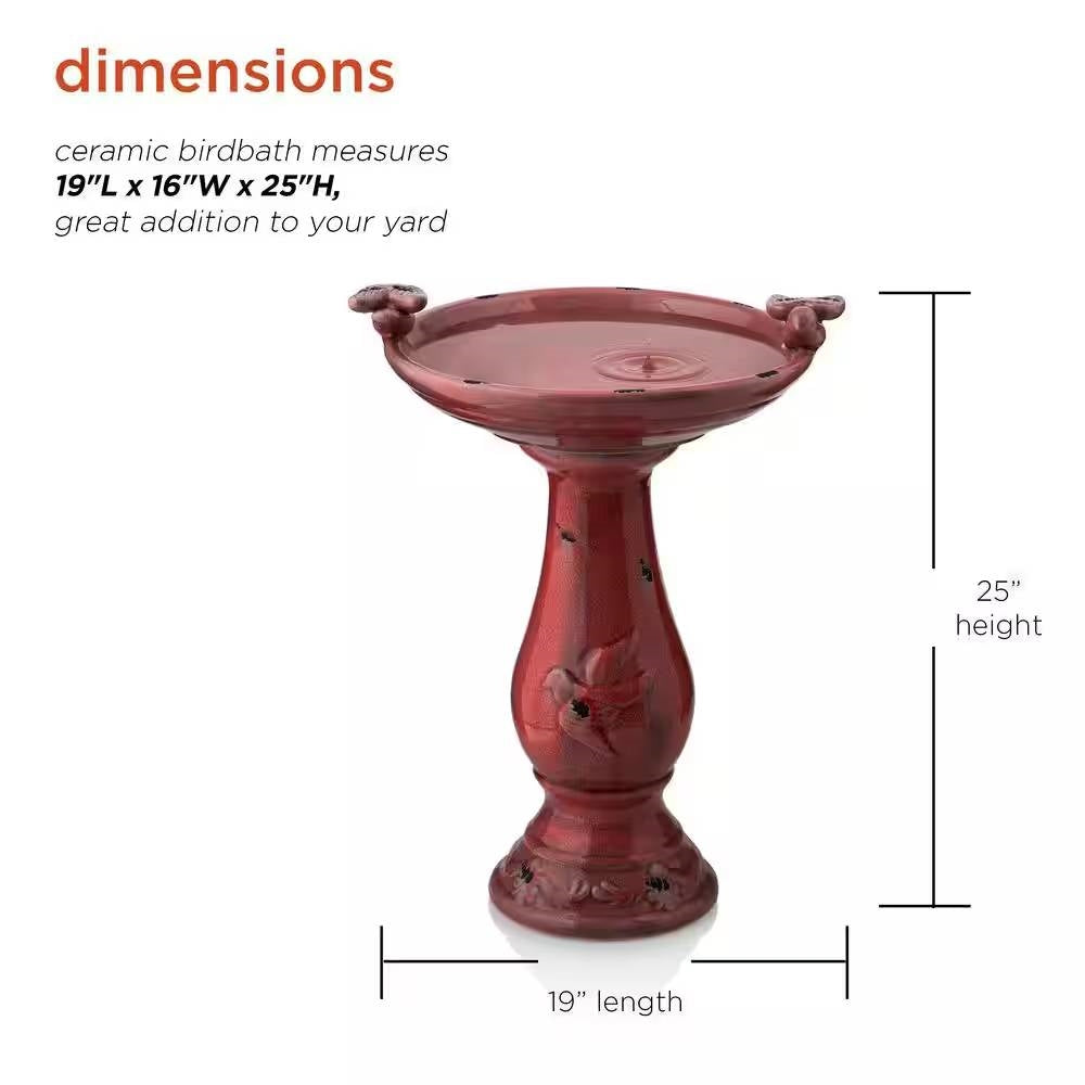Outdoor Dark Red Ceramic Birdbath in Antique Finish - Tampa Home & Garden Store