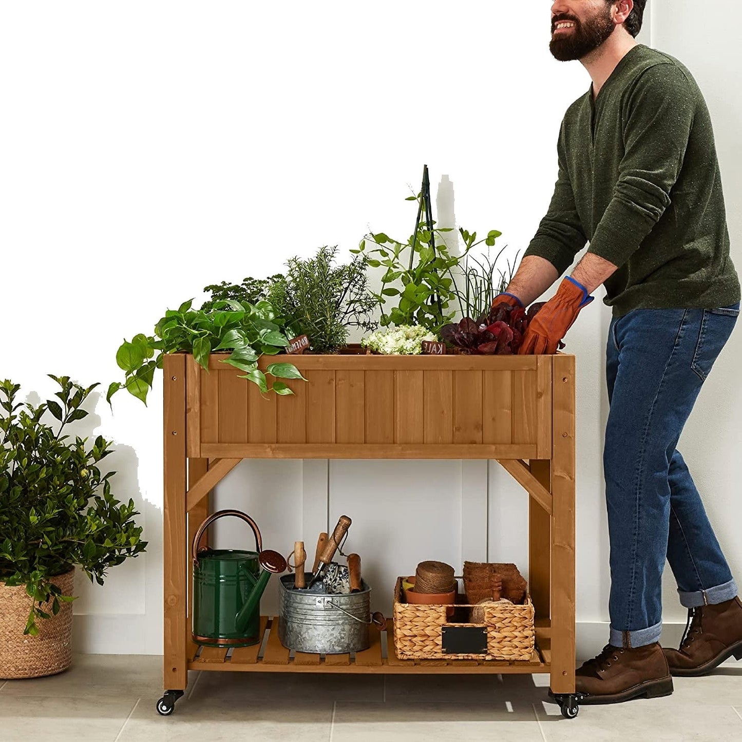 Outdoor Elevated Raised Garden Bed Planter Box with Locking Wheels - Tampa Home & Garden Store