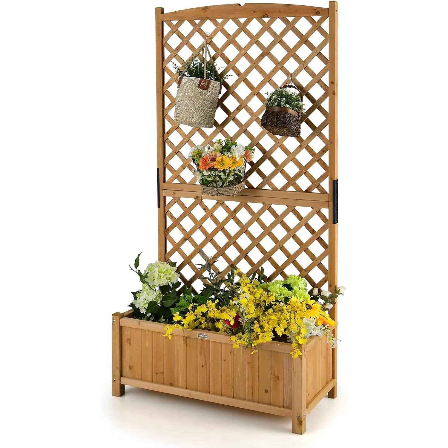 Outdoor Fir Wood Raised Garden Bed Planter Box with 71-inch High Trellis - Tampa Home & Garden Store