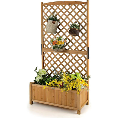 Outdoor Fir Wood Raised Garden Bed Planter Box with 71-inch High Trellis - Tampa Home & Garden Store