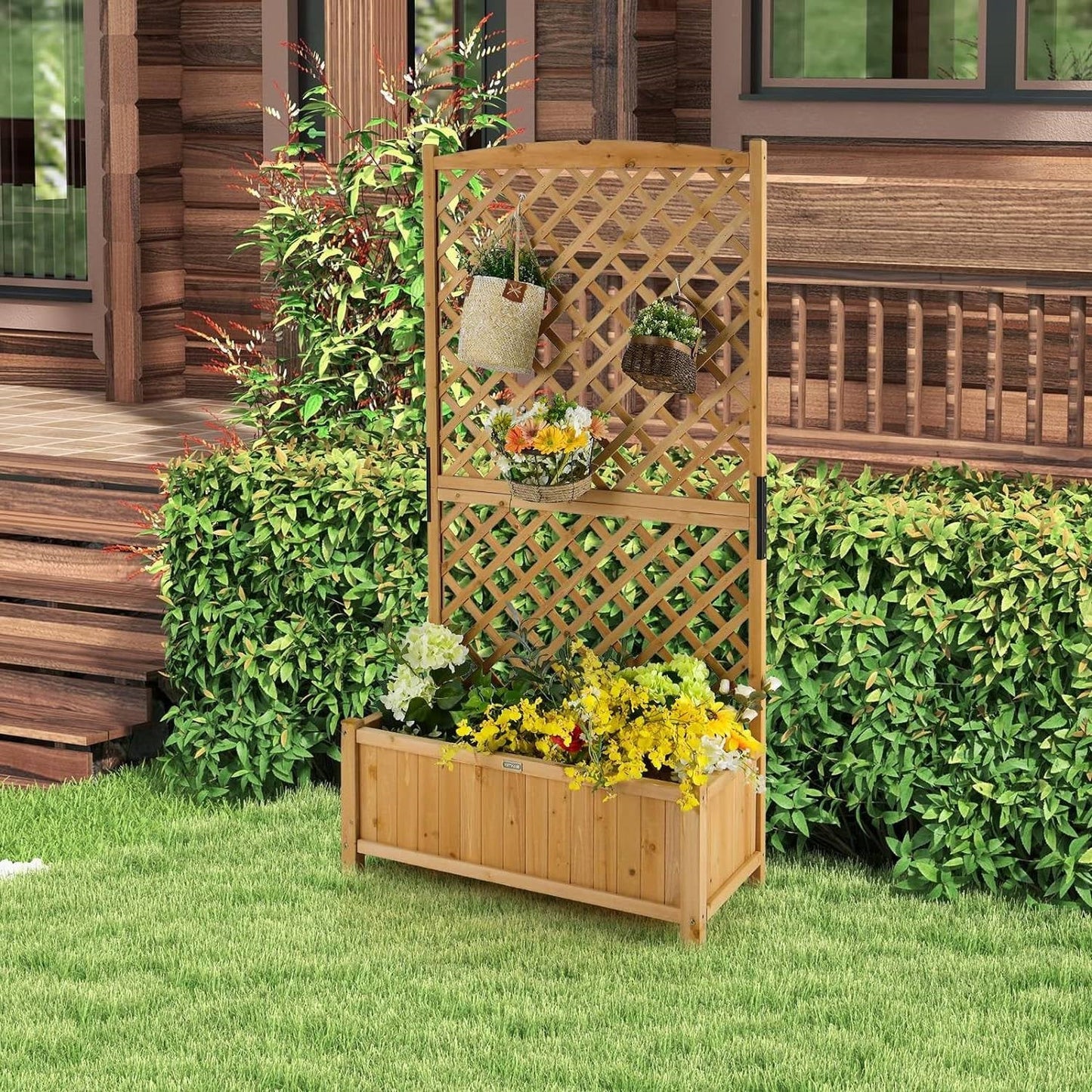 Outdoor Fir Wood Raised Garden Bed Planter Box with 71-inch High Trellis - Tampa Home & Garden Store