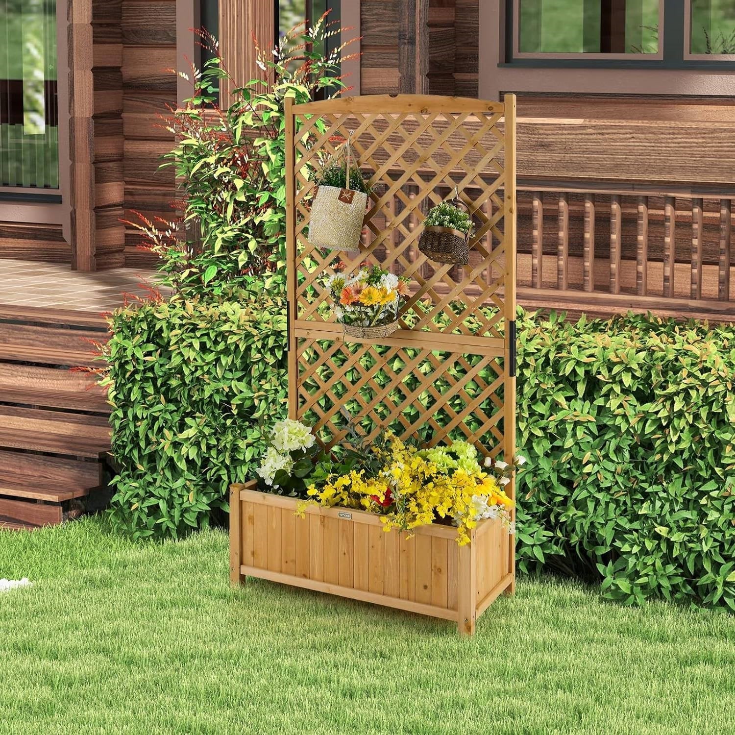 Outdoor Fir Wood Raised Garden Bed Planter Box with 71-inch High Trellis - Tampa Home & Garden Store