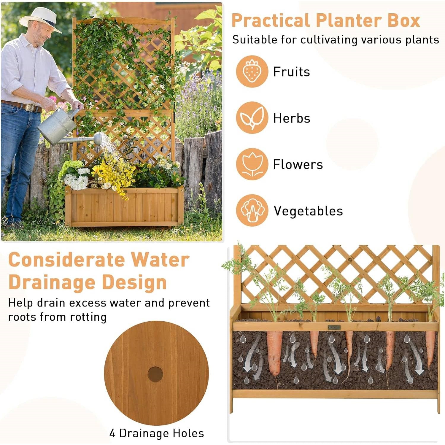 Outdoor Fir Wood Raised Garden Bed Planter Box with 71-inch High Trellis - Tampa Home & Garden Store