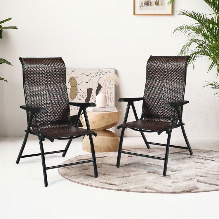 Outdoor Folding Steel Frame Rattan Patio Chair with Armrest in Brown - Tampa Home & Garden Store