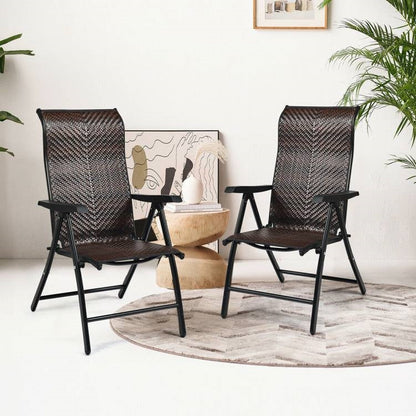Outdoor Folding Steel Frame Rattan Patio Chair with Armrest in Brown - Tampa Home & Garden Store