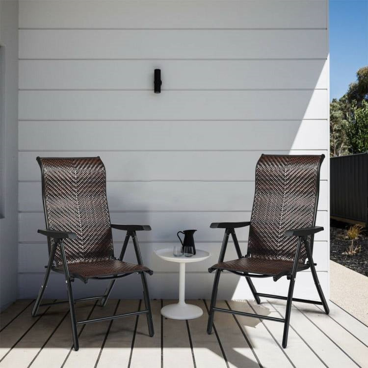 Outdoor Folding Steel Frame Rattan Patio Chair with Armrest in Brown - Tampa Home & Garden Store