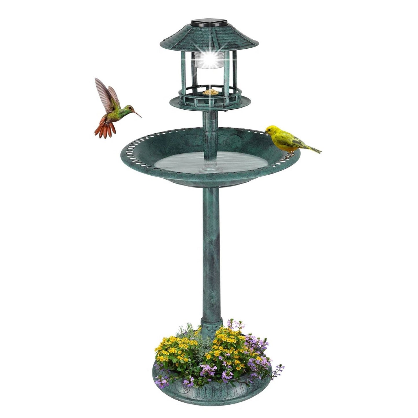 Outdoor Garden Birdbath in Green Copper Patina Finish with Solar Light - Tampa Home & Garden Store
