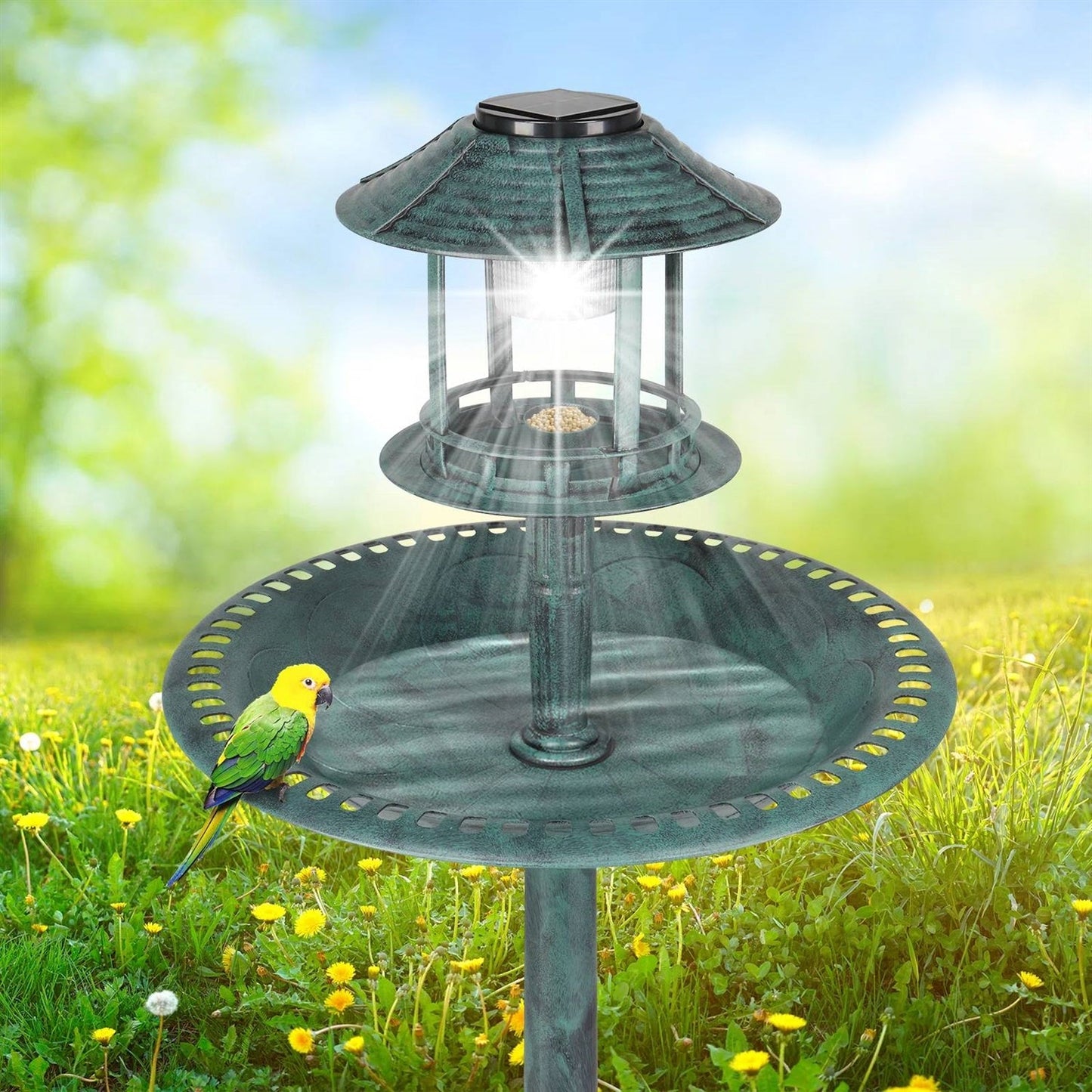 Outdoor Garden Birdbath in Green Copper Patina Finish with Solar Light - Tampa Home & Garden Store