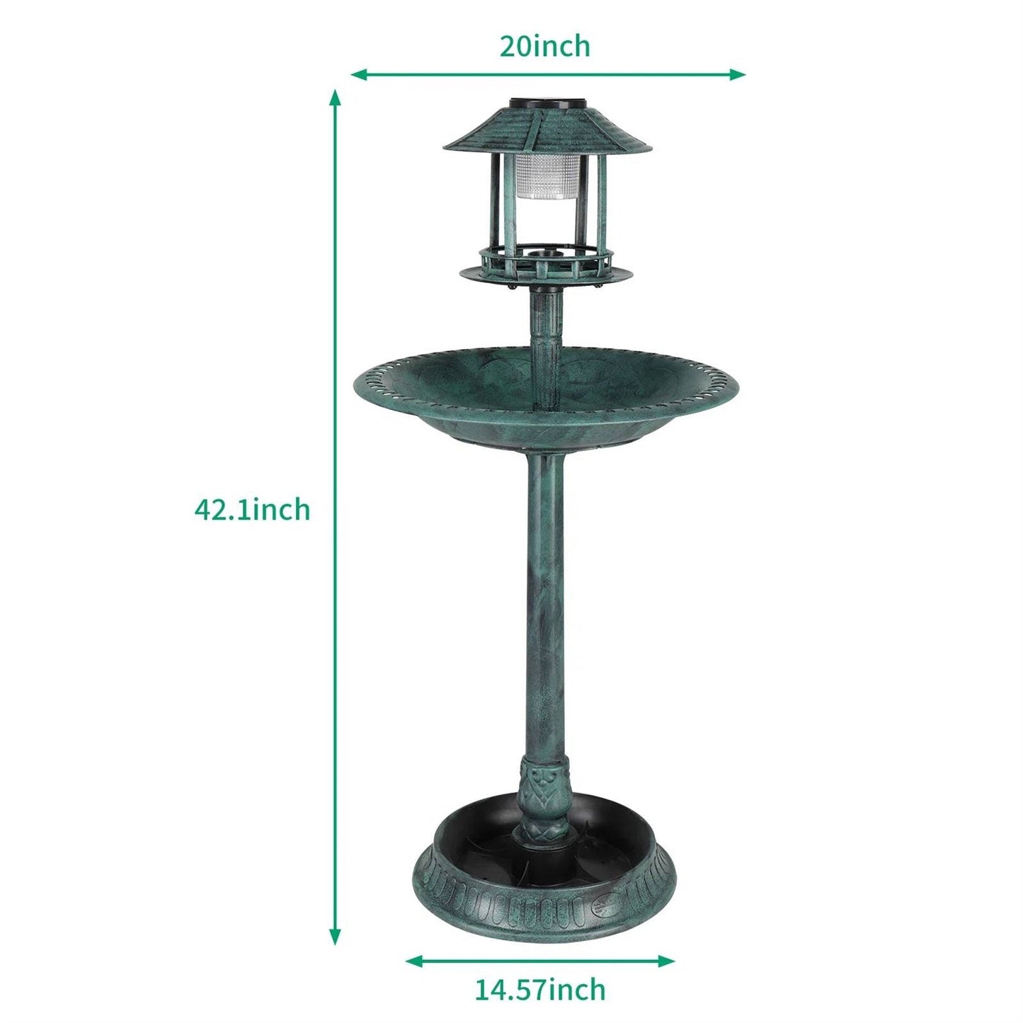 Outdoor Garden Birdbath in Green Copper Patina Finish with Solar Light - Tampa Home & Garden Store