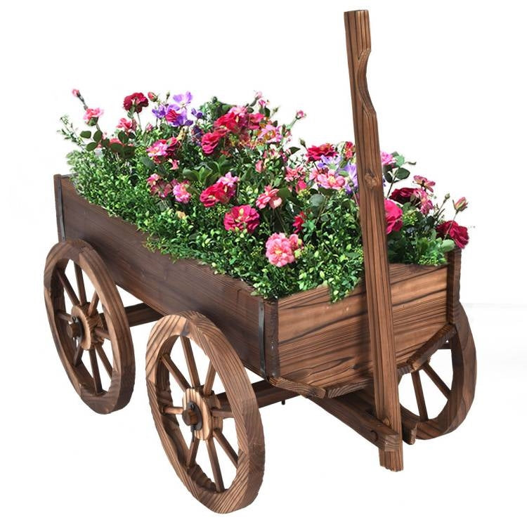 Outdoor Garden Fir Wood Barrel Planter Wagon on Wooden Wheels - Tampa Home & Garden Store