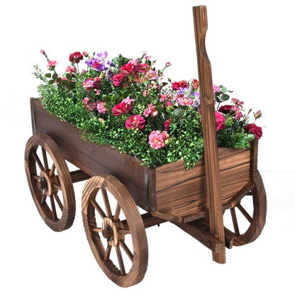Outdoor Garden Fir Wood Barrel Planter Wagon on Wooden Wheels - Tampa Home & Garden Store