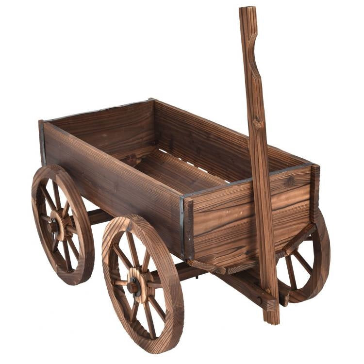 Outdoor Garden Fir Wood Barrel Planter Wagon on Wooden Wheels - Tampa Home & Garden Store