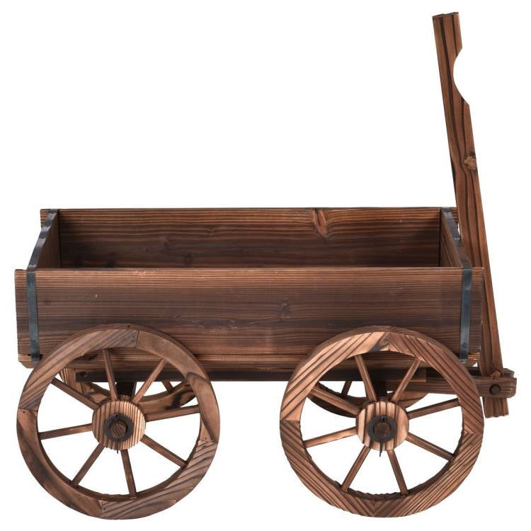 Outdoor Garden Fir Wood Barrel Planter Wagon on Wooden Wheels - Tampa Home & Garden Store