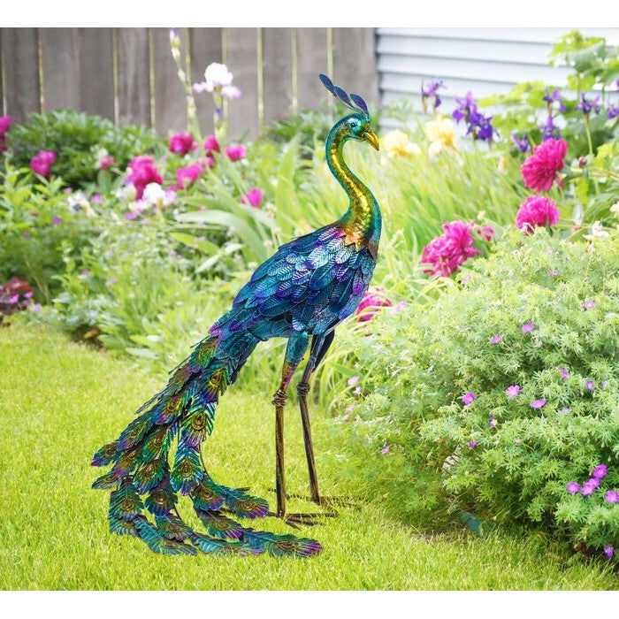 Outdoor Garden Metal Blue/Green Peacock Statue - Tampa Home & Garden Store