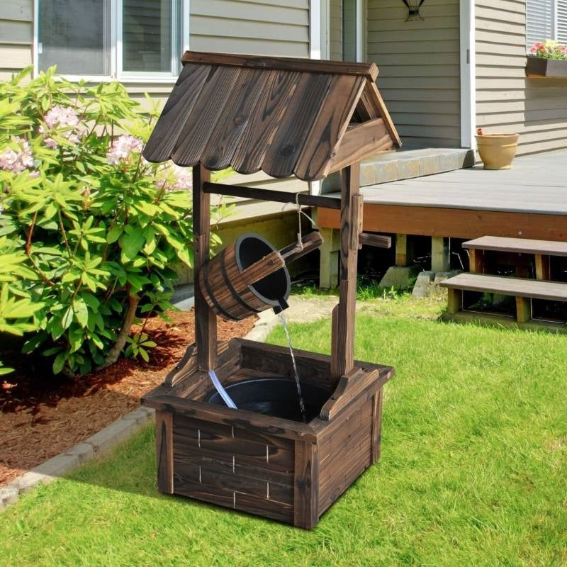 Outdoor Garden Solid Wood Wishing Well Water Fountain with Bucket and Pump - Tampa Home & Garden Store