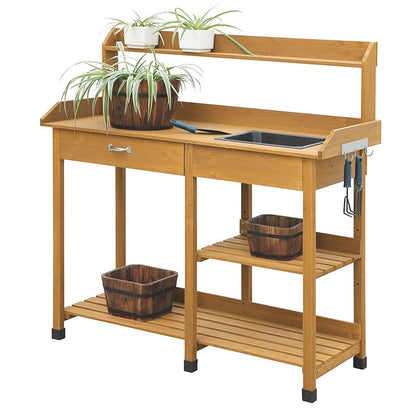 Outdoor Garden Wood Potting Bench Work Table with Sink in Light Oak Finish - Tampa Home & Garden Store