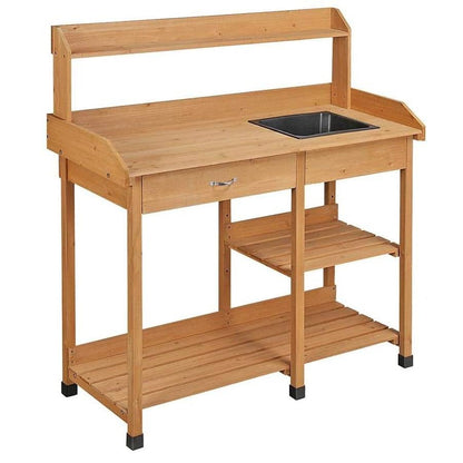 Outdoor Garden Wood Potting Bench Work Table with Sink in Light Oak Finish - Tampa Home & Garden Store