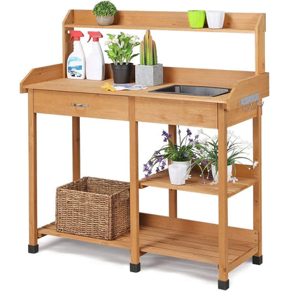Outdoor Garden Wood Potting Bench Work Table with Sink in Light Oak Finish - Tampa Home & Garden Store