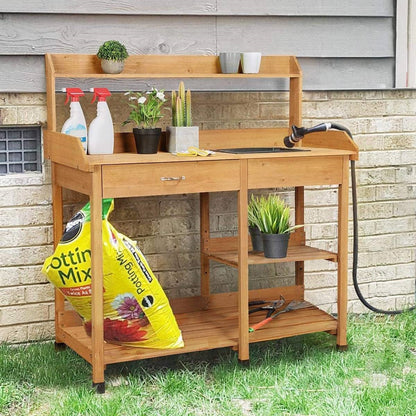 Outdoor Garden Wood Potting Bench Work Table with Sink in Light Oak Finish - Tampa Home & Garden Store