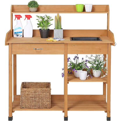 Outdoor Garden Wood Potting Bench Work Table with Sink in Light Oak Finish - Tampa Home & Garden Store