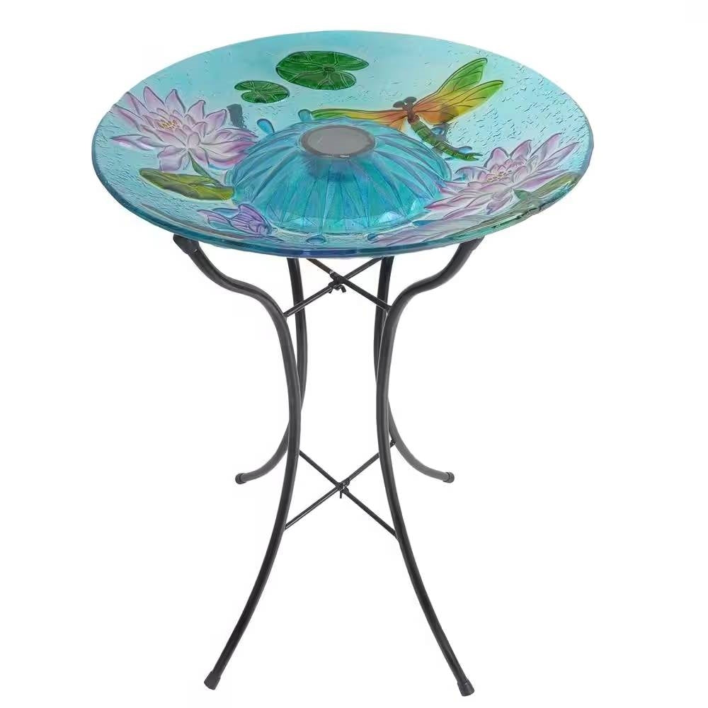Outdoor Glass Bowl Bird Bath with Black Metal Stand and Solar Powered Light - Tampa Home & Garden Store