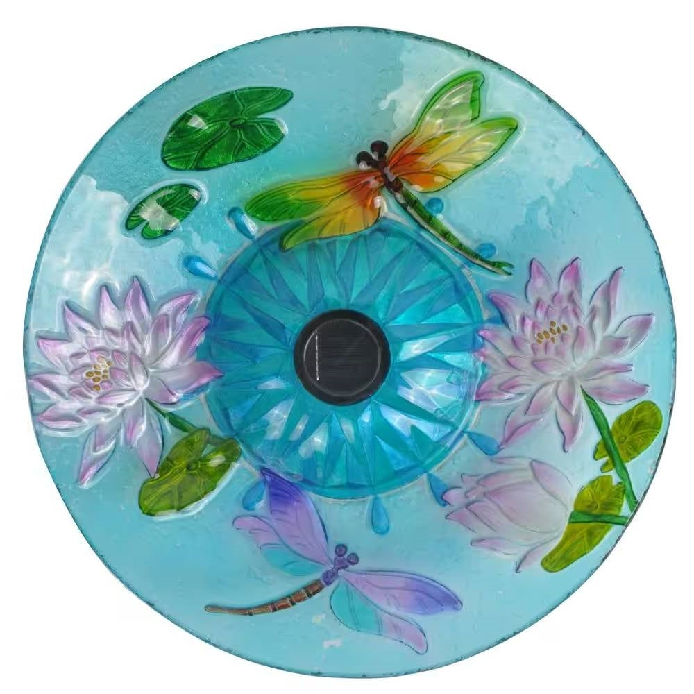 Outdoor Glass Bowl Bird Bath with Black Metal Stand and Solar Powered Light - Tampa Home & Garden Store