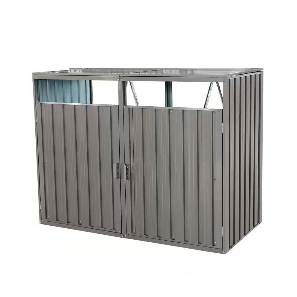 Outdoor Grey Galvanized Steel Garbage Bin Storage Shed - Holds 2 Trash Cans - Tampa Home & Garden Store