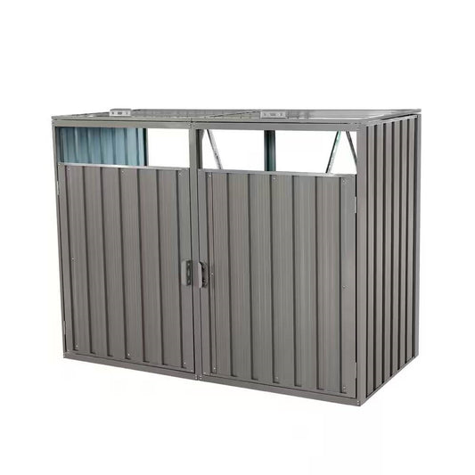 Outdoor Grey Galvanized Steel Garbage Bin Storage Shed - Holds 2 Trash Cans - Tampa Home & Garden Store