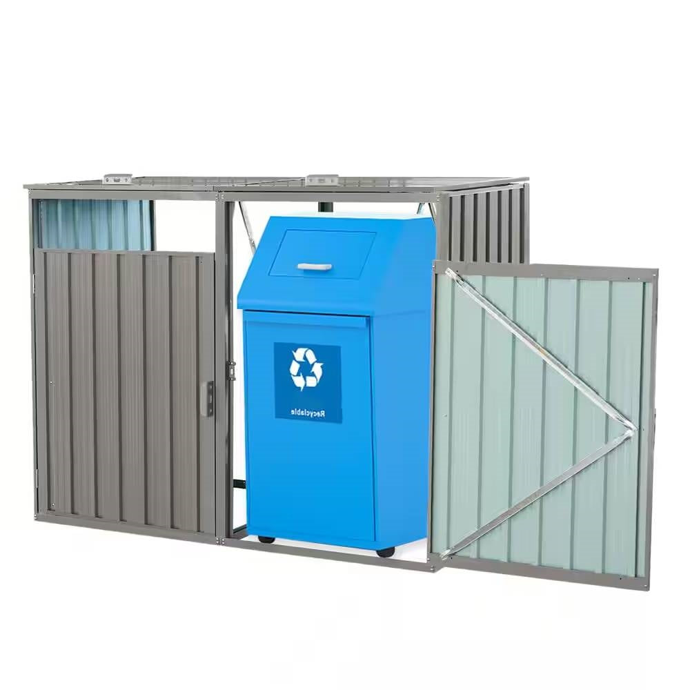Outdoor Grey Galvanized Steel Garbage Bin Storage Shed - Holds 2 Trash Cans - Tampa Home & Garden Store