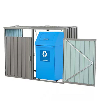 Outdoor Grey Galvanized Steel Garbage Bin Storage Shed - Holds 2 Trash Cans - Tampa Home & Garden Store