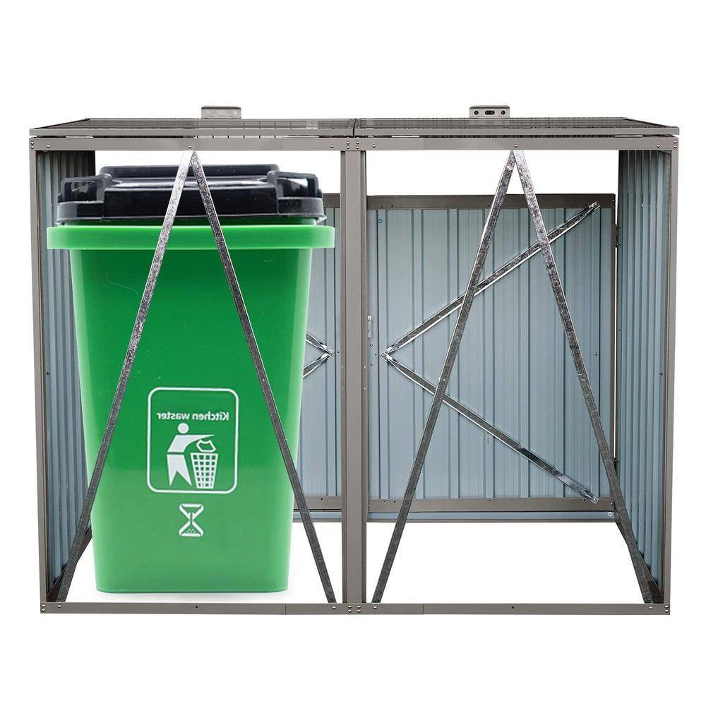 Outdoor Grey Galvanized Steel Garbage Bin Storage Shed - Holds 2 Trash Cans - Tampa Home & Garden Store