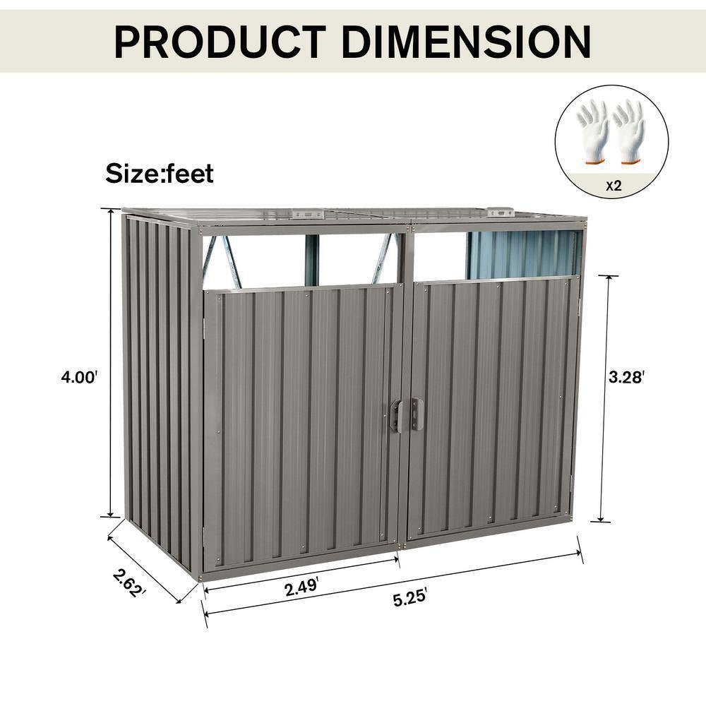 Outdoor Grey Galvanized Steel Garbage Bin Storage Shed - Holds 2 Trash Cans - Tampa Home & Garden Store