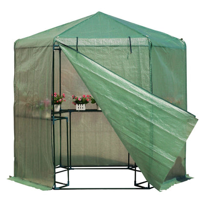 Outdoor Hexagon Greenhouse 6.5 x 7 Ft with Steel Frame PE Cover and Shelves - Tampa Home & Garden Store