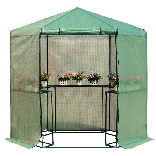 Hexagon Greenhouse 6.5x7 ft steel-frame greenhouse kit with green PE cover HomePacific on Tampa Home & Garden Store