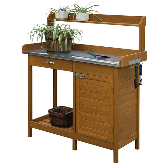 Outdoor Home Garden Potting Bench with Metal Table Top and Storage Cabinet - Tampa Home & Garden Store