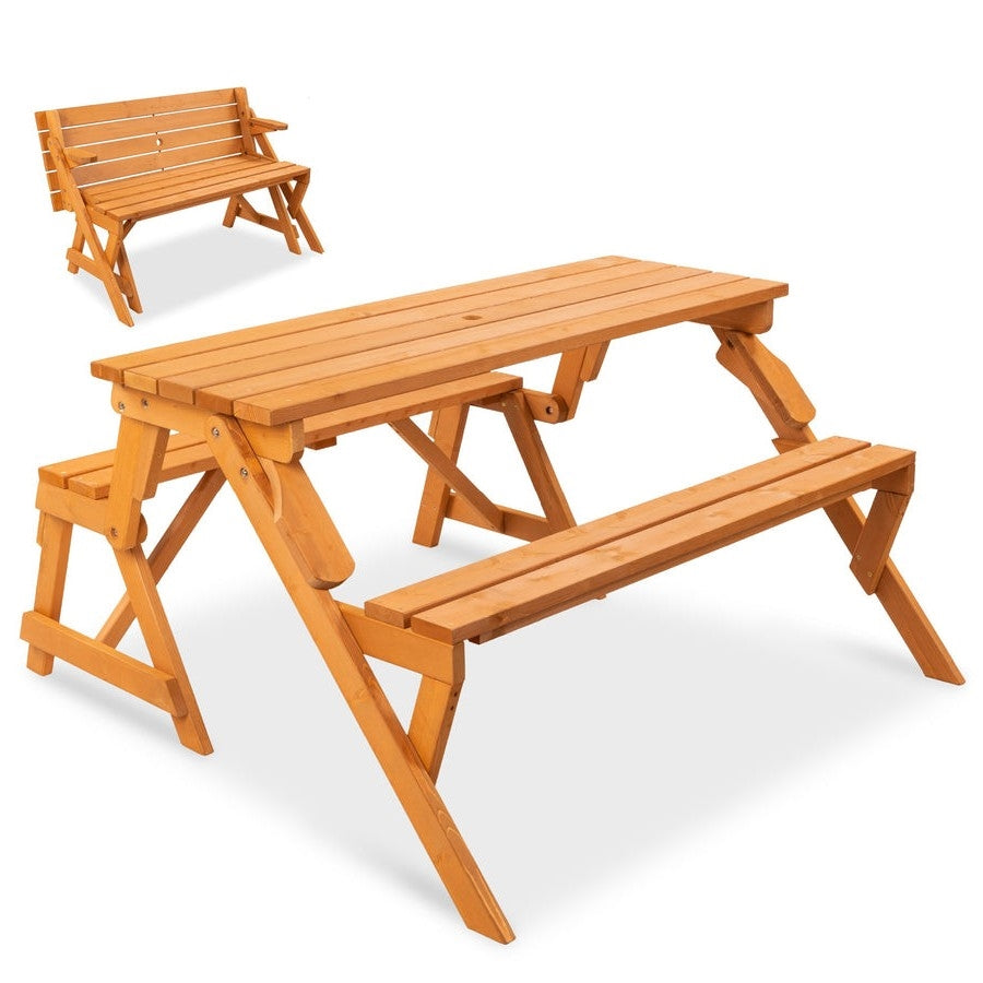 Outdoor Interchangeable 2 in 1 Multi-Use Wooden Picnic Table Garden Bench Umbrella Hole - Tampa Home & Garden Store
