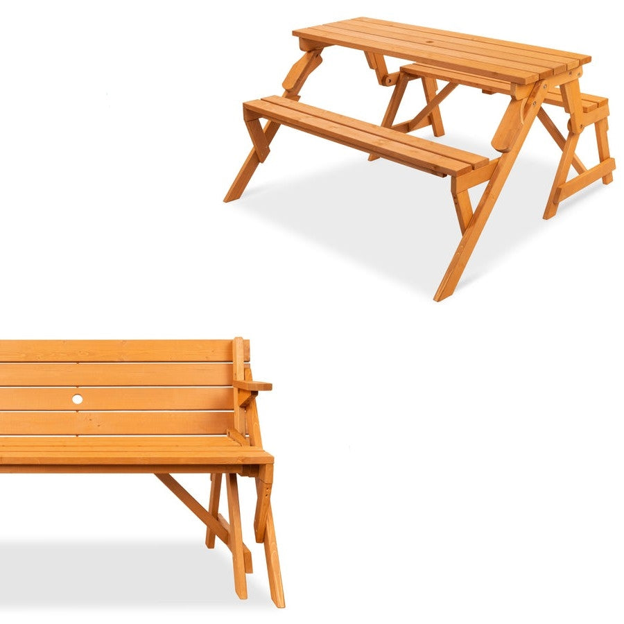 Outdoor Interchangeable 2 in 1 Multi-Use Wooden Picnic Table Garden Bench Umbrella Hole - Tampa Home & Garden Store